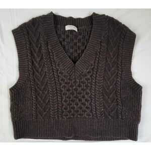 Aritzia Babaton Vest Brown Emporia Cable Merino Wool V Neck Cropped Sweater Med